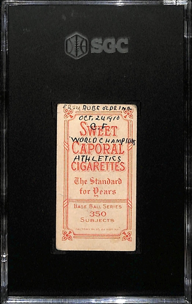 1909-11 T206 Christy Mathewson (Dark Cap w. Sweet Caporal Back) Graded SGC 1 w. Note on Back From Rube Oldring , Oct 24, 1910, CF, World Champion Athletics